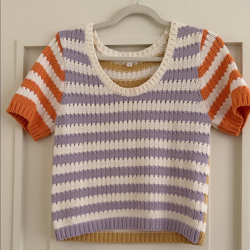 Minnie Rose Orange Yellow and Purple Striped Short Sleeve Sweater L